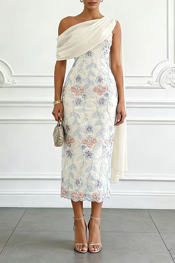 Ellie Ruched Drape Tulle One Shoulder Floral Embroidery Party Midi Dress