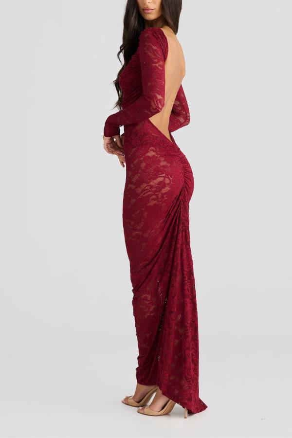 Lace pleated open back slim long dress