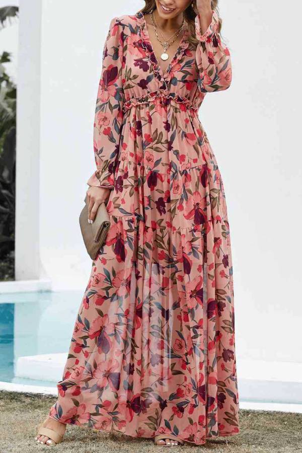 V-neck ruffled floral maxi dress with waist and wide hem