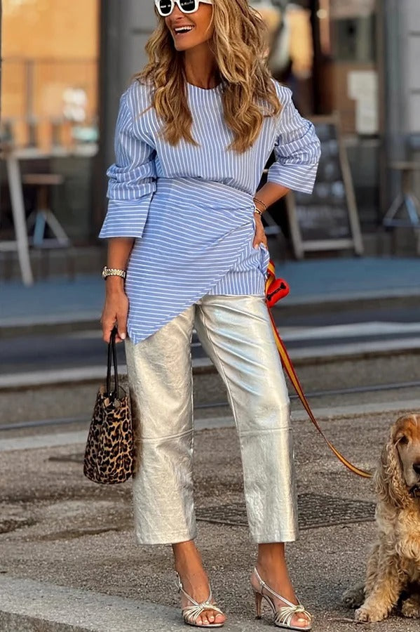 Tanie Metallic Fabric Mid-rise Pocket Cropped Wide Straight-leg Pants