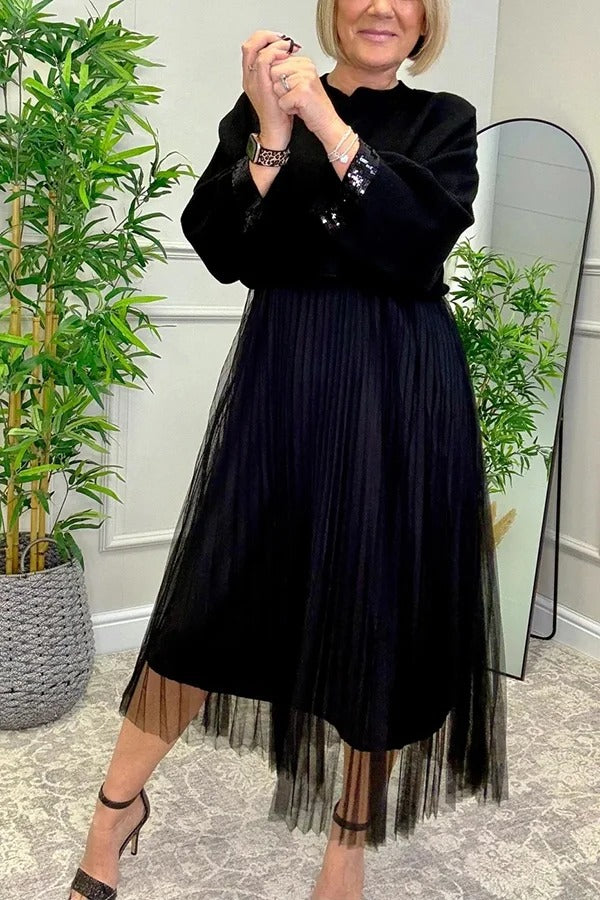 Fenna Ribbed Sequin Trim Batwing Sleeve Sweater and Pleated Tulle Stretch Tank Midi Dress Two-piece Set