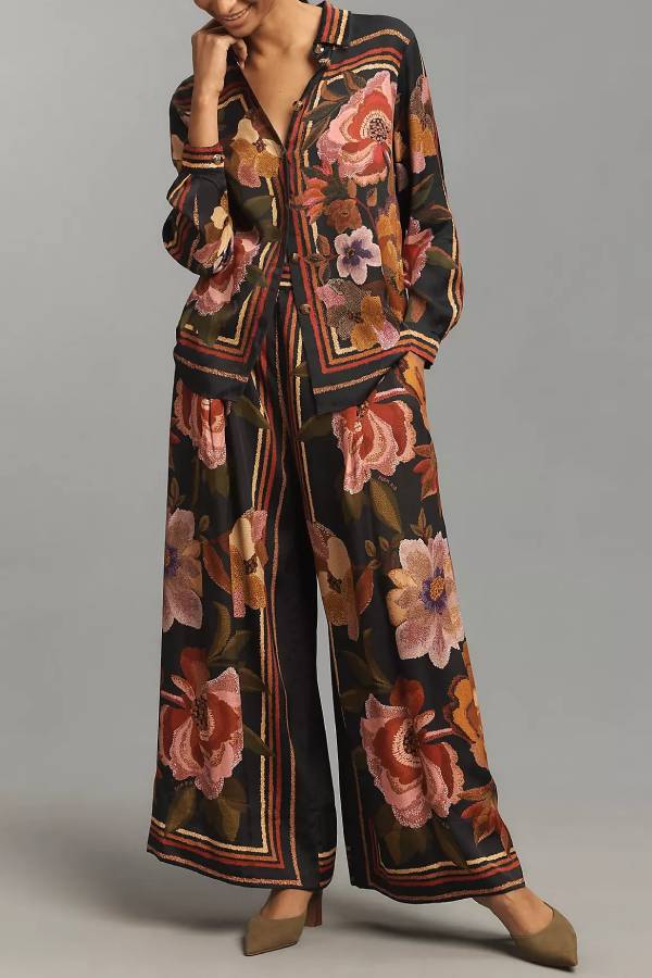 Farm Rio Chenille Flowers Long-Sleeve Buttondown Blouse