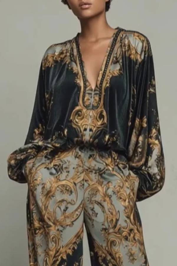 Baroque Ornate Floral Print Top And Wide-leg Trousers Casual Suit
