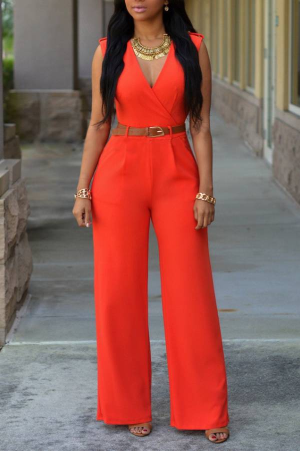 Deep V Sleeveless Waisted Wide-Leg Jumpsuit