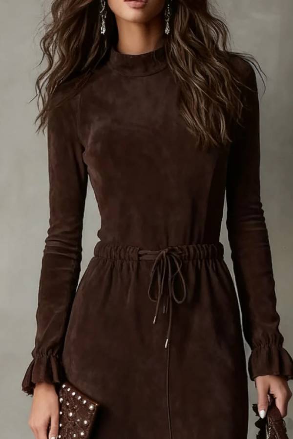 Vintage Suede High Neck Irregular Midi Mermaid Dress