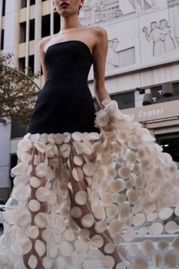 Strapless polka dot mesh gown