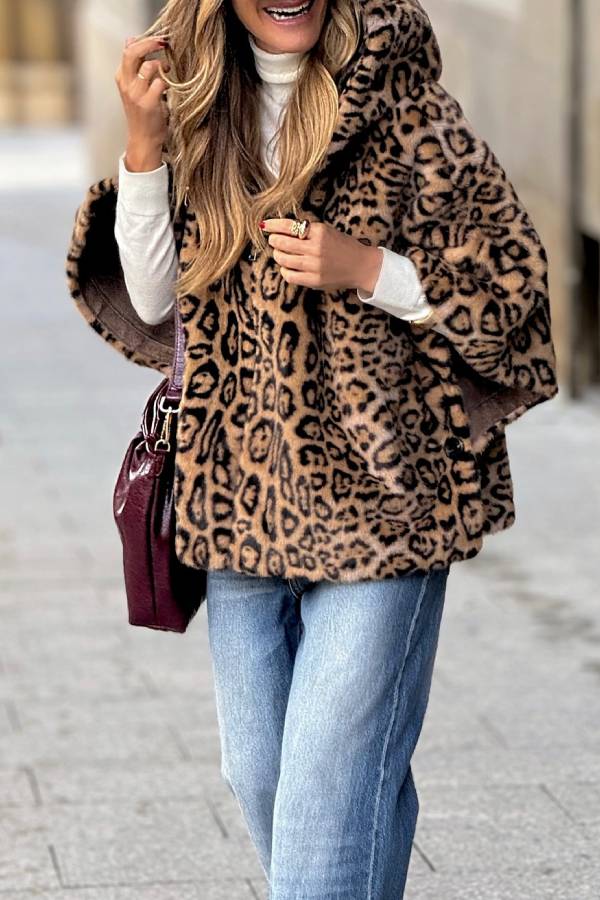 Leopard print hooded faux fur loose coat