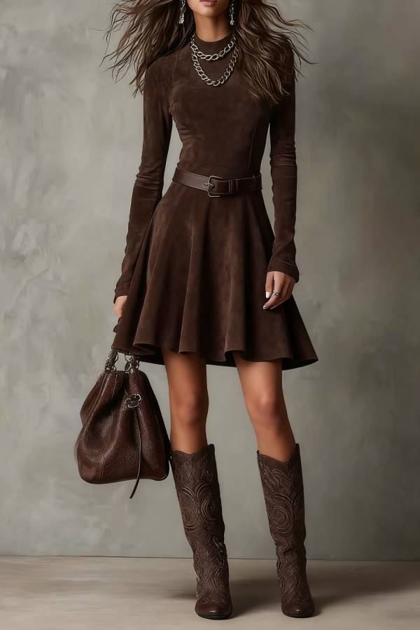 Vintage Dark Brown Suede Mock Neck Mini Dress