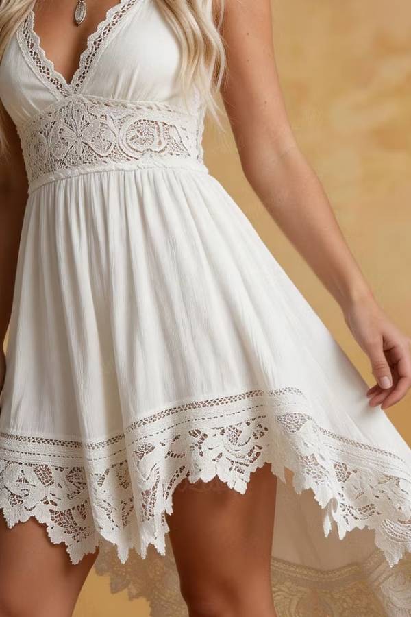 Women's White Lace Trim High Low Mini Dress