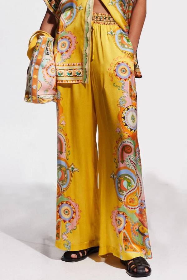 Exquisite Satin Unique Cashew Flower Print Loose Wide-Leg Pants