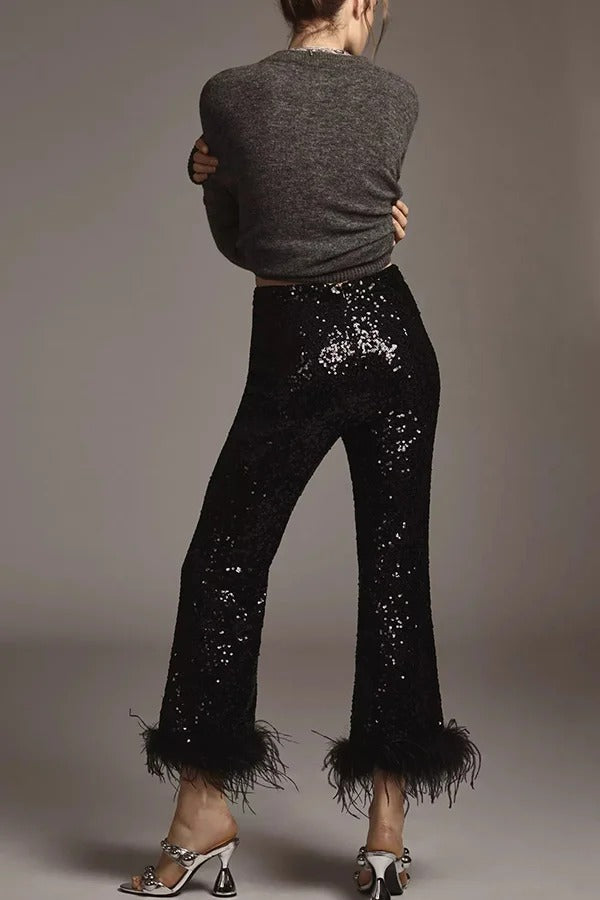 New Year Eve Sequin Feather Trim High Rise Back Zipper Flare Pants