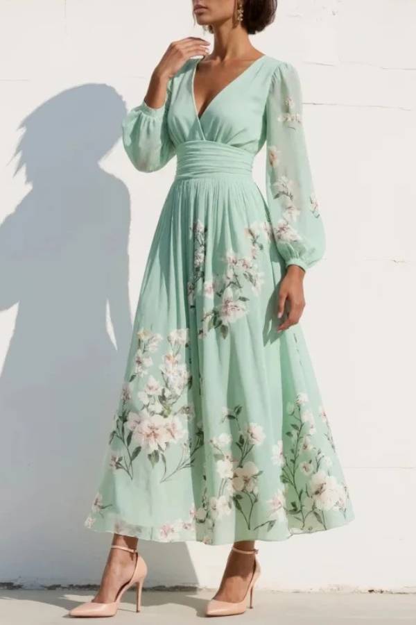 Light Green V-Neck Chiffon Pleated Floral Midi Dress