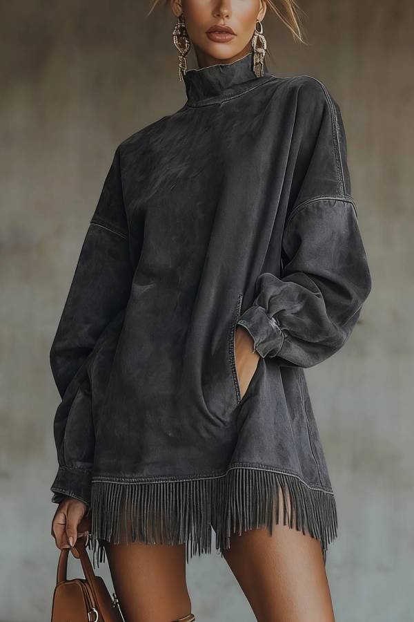 Faux Suede Turtleneck Dress With Fringe Hem