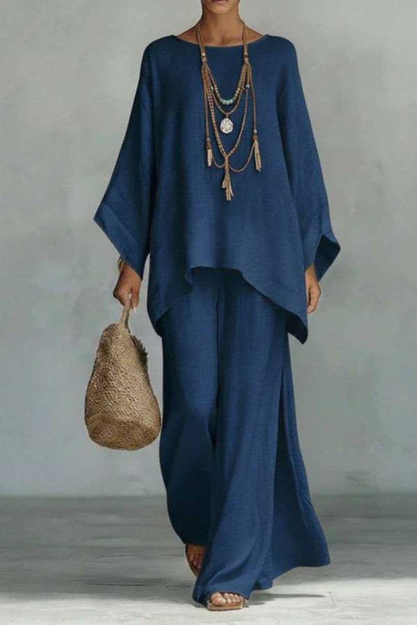 Linen-Style Oversized Top + Slit Wide-Leg Pants Set