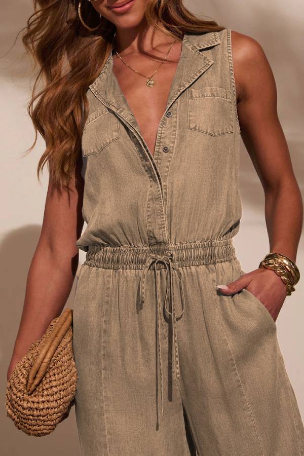Sleeveless collared drawstring denim jumpsuit