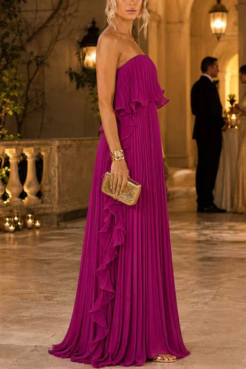 Strapless Tube Ruffle Pleated Swing Maxi Dress