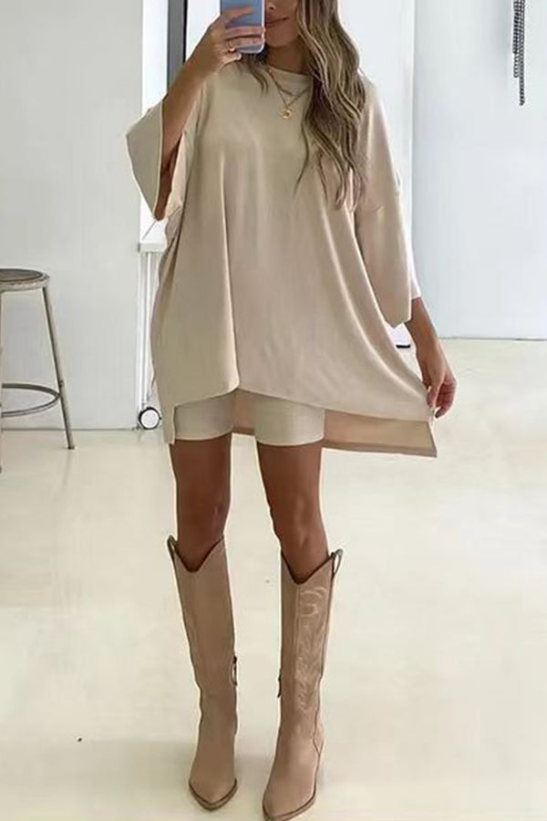 Fashion solid color loose fitting T-shirt+tight shorts for women