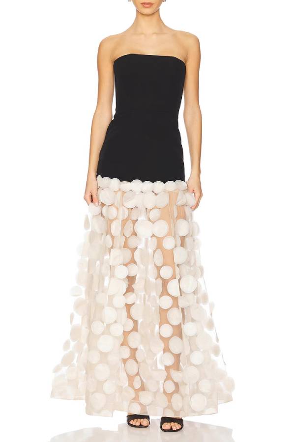 Strapless polka dot mesh gown