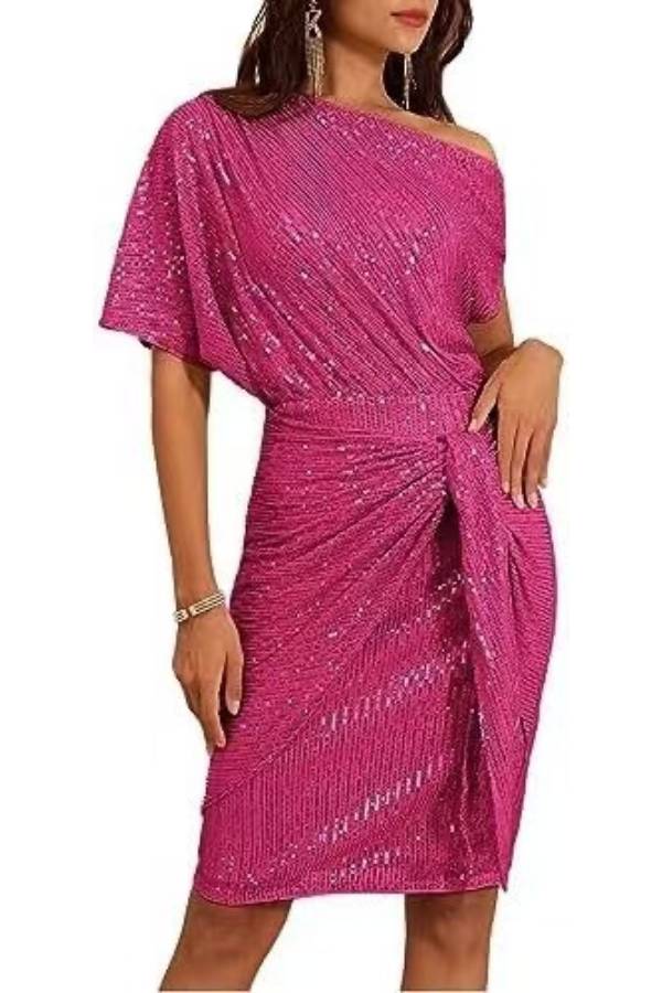 One-shoulder sequined twisted fitted party dress