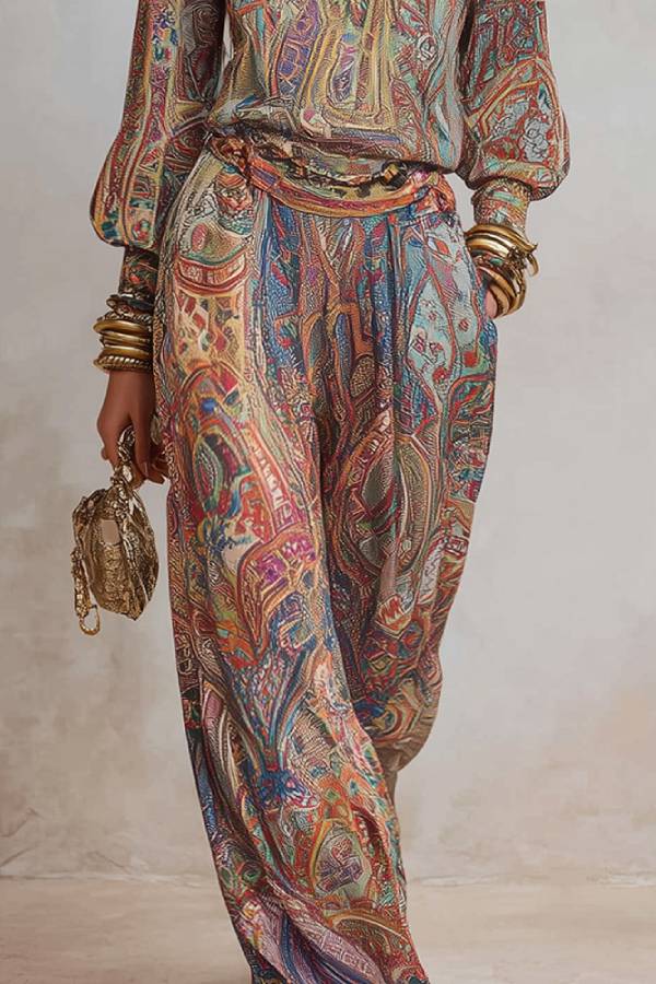 Vintage Paisley Print Puff Sleeve Shirt & Wide Leg Pants Set