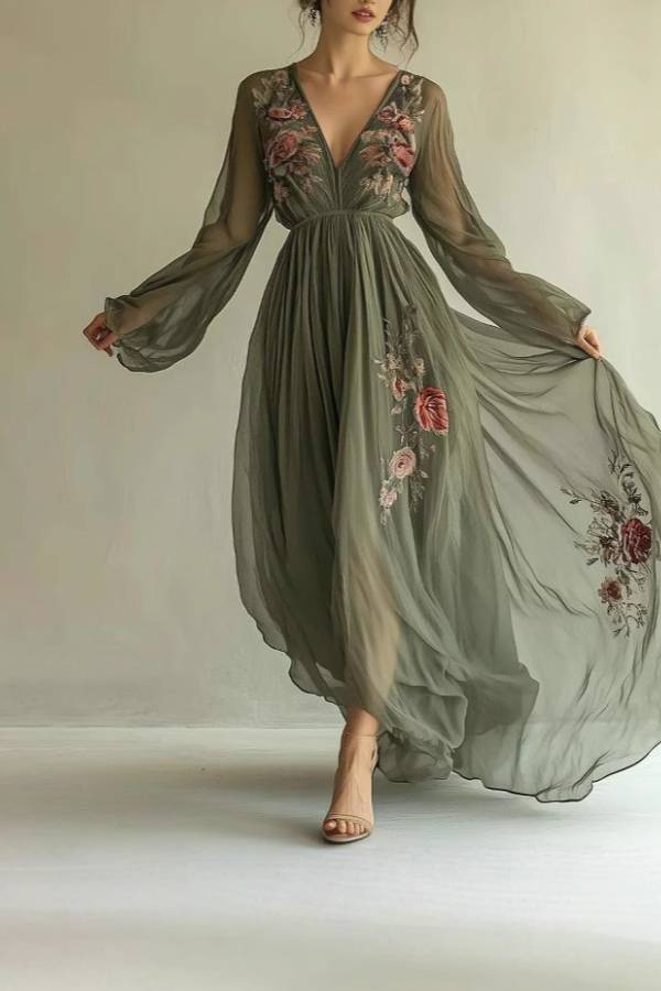 Floral Embroidered Tulle Waist-Defining Long Dress
