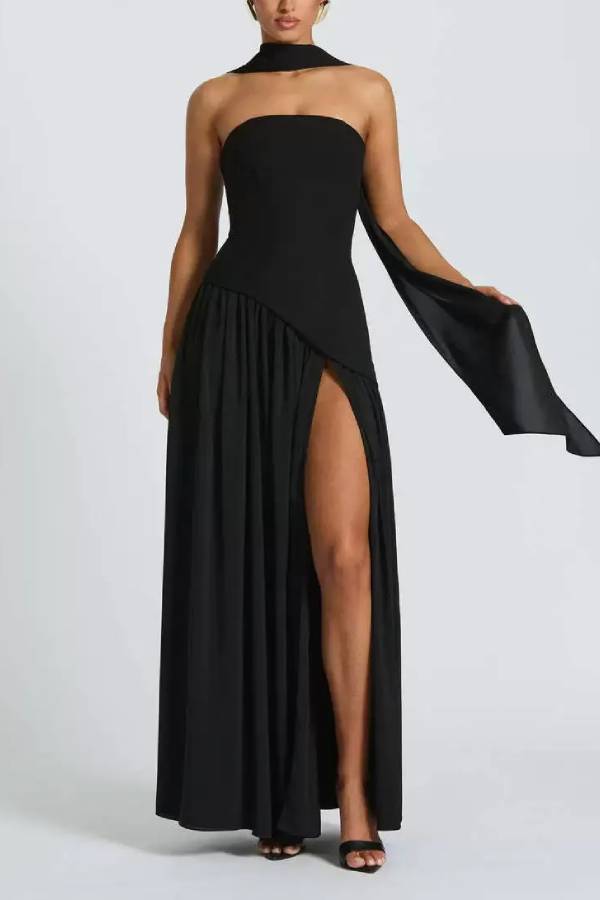 Black and White Contrast Scarf Irregular Slit Maxi Dress