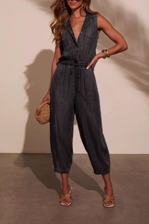 Sleeveless collared drawstring denim jumpsuit