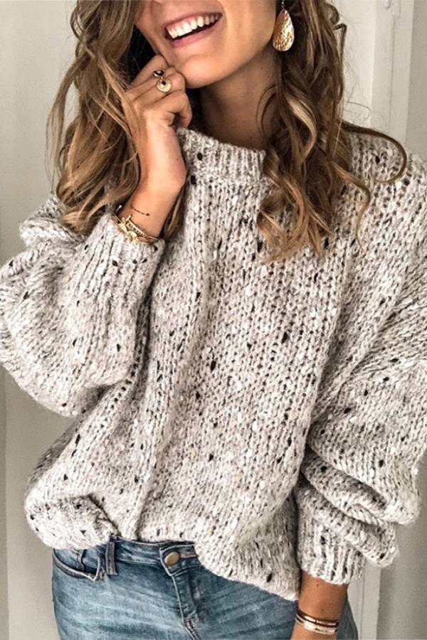 Lazy style thick needle hollow loose round neck sweater