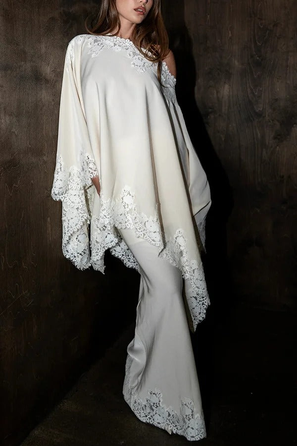Like A Swan Satin Lace Trim Off Shoulder Wide Sleeve Cape Top