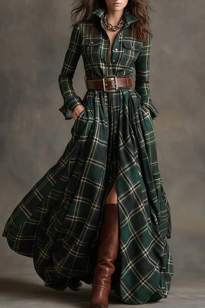 Retro Plaid Print Lapel Long-sleeved Pocket Maxi Dress