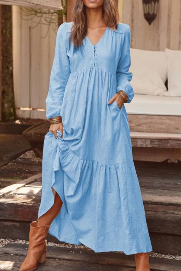 V-neck long-sleeved loose-fitting long skirt