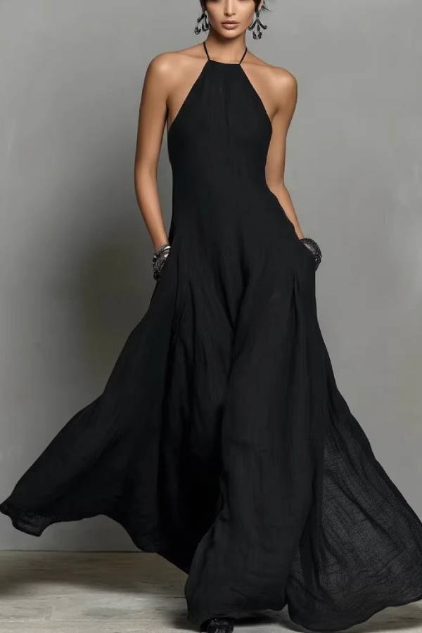 Multi-Color Halter Open-Back Textured Maxi Dress
