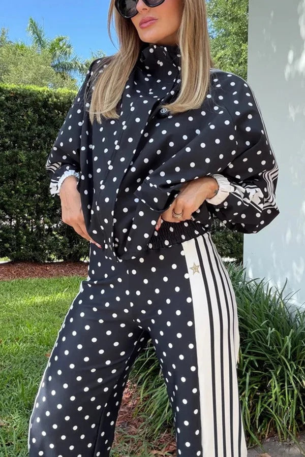 Lucienne Polka Dot Striped Star Print Zipper High Neck Pocket Sporty Jacket