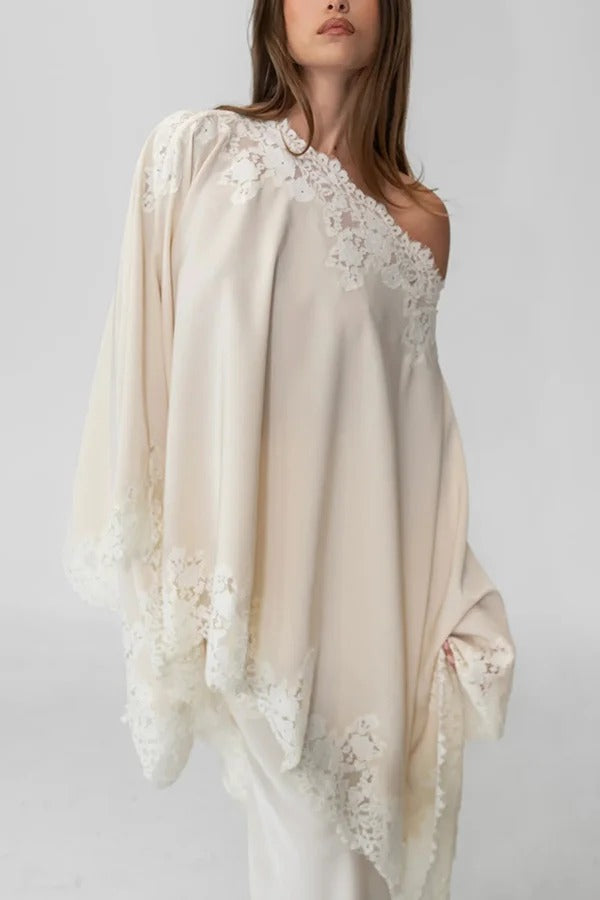 Like A Swan Satin Lace Trim Off Shoulder Wide Sleeve Cape Top