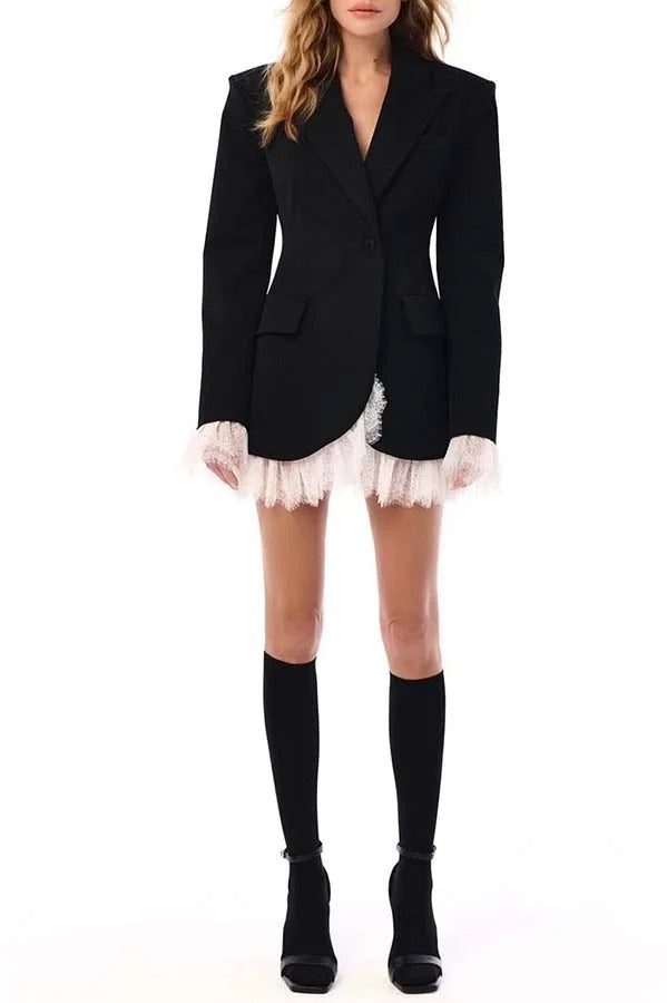 Cue The Chic Lace Trim Button Long Sleeve Lapel Blazer Mini Dress