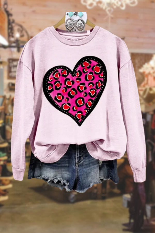 Casual Leopard Heart Print Valentine's Day Sweatshirt