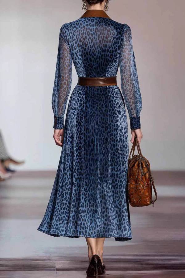 Vintage Blue Leopard Print Shirt Collar See-Through Long Sleeve Dress（No belt included）