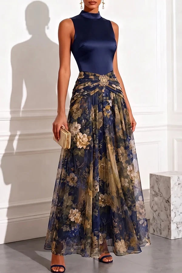 Prairie Satin High Neck Metallic Butterfly Detail Floral Tulle Hem Maxi Dress