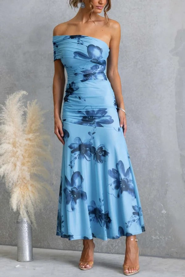 Floral Print Elegant Mesh Off-shoulder Fitted Maxi Dress