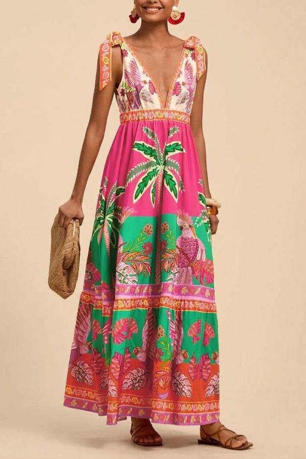 Bohemian Deep V Tie Print Long Swing Dress