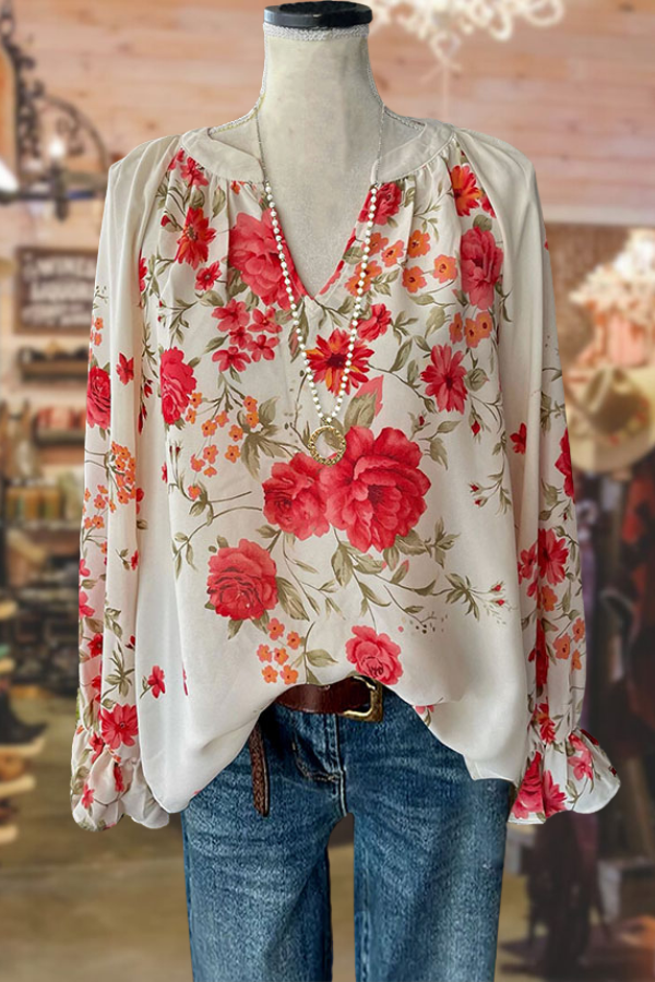 Casual V-neck Flower Printed Pleated Top