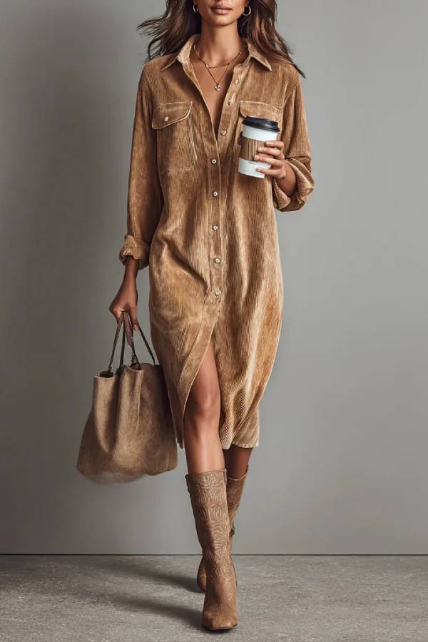 Loose Corduroy Double Chest Pocket Single Breasted Midi Dress