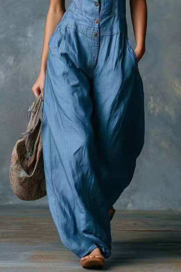 Vintage Washed Denim V-Neck Sleeveless Wide-Leg Jumpsuit