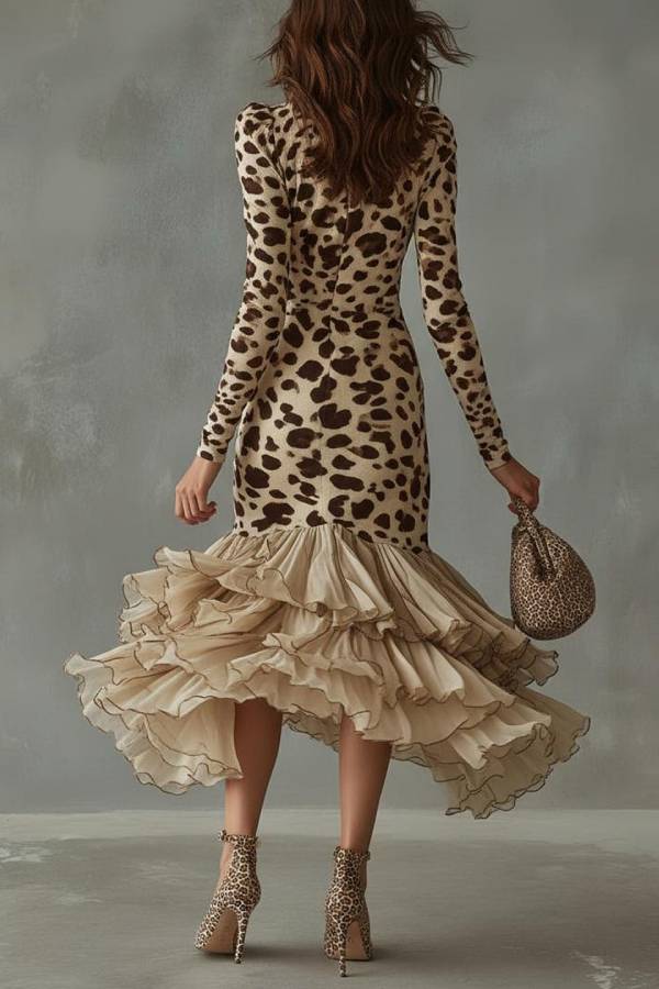 Vintage Y2K Deep V Long Sleeve Bodycon Dress Ruffle High Low Hem Party Gown