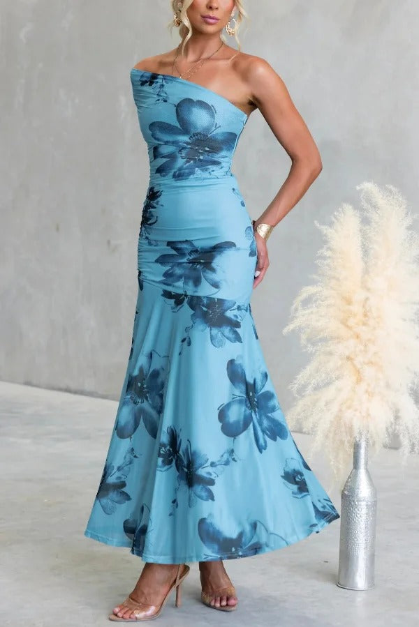 Floral Print Elegant Mesh Off-shoulder Fitted Maxi Dress