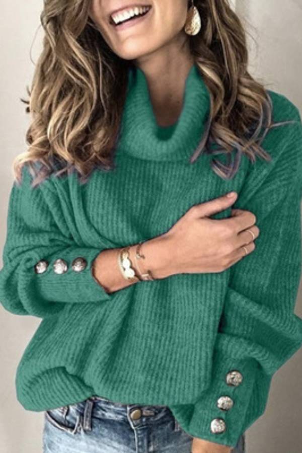 High-neck button-decorated loose knit sweater