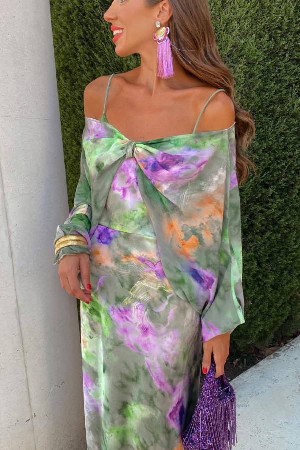 Artistic tie-dye off-shoulder bow suspender long dress two-piece set