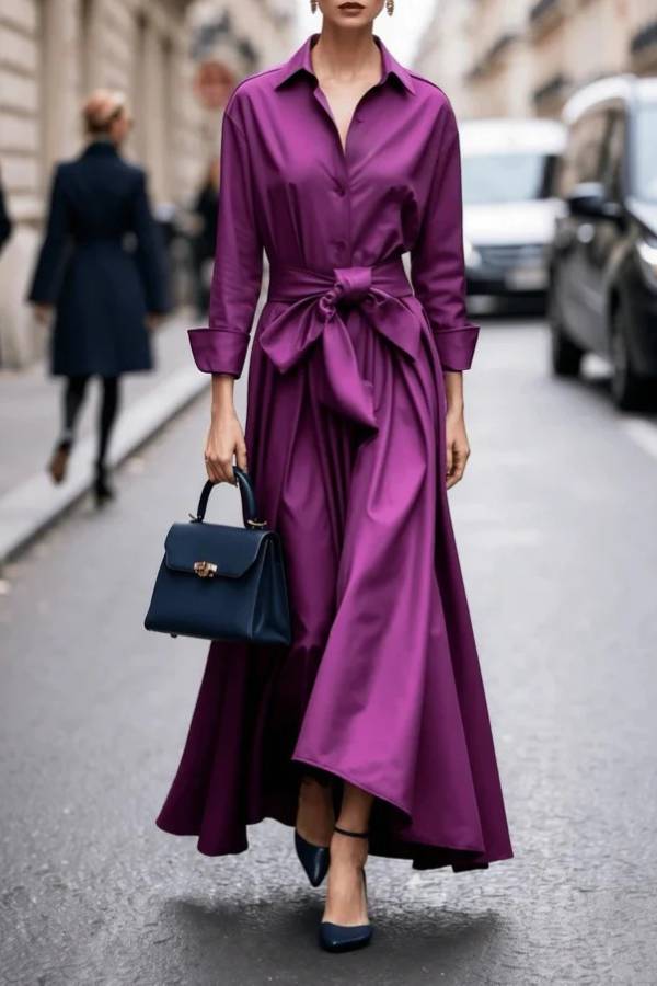Shirt-collar, fitted-waist long dress