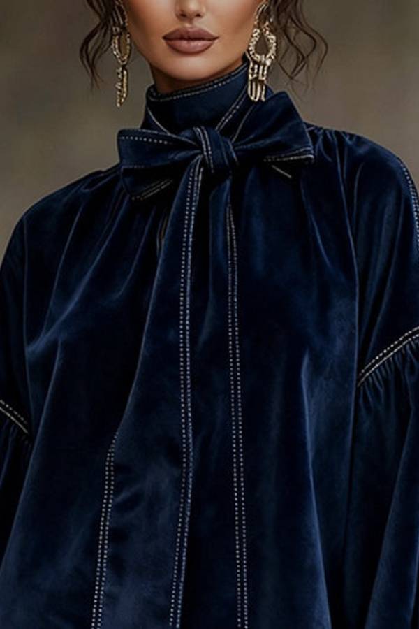 Dark Blue Velvet Bow Lantern Sleeve Mini Dress