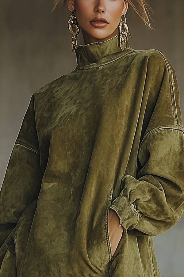 Faux Suede Turtleneck Dress With Fringe Hem